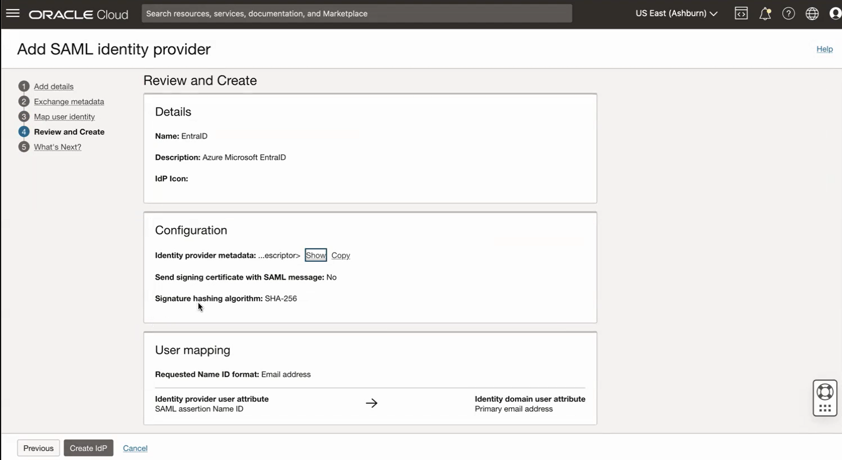 Click to expand An image of the OCI Console showing the Review and Create page of the Add SAML identity provider work flow.