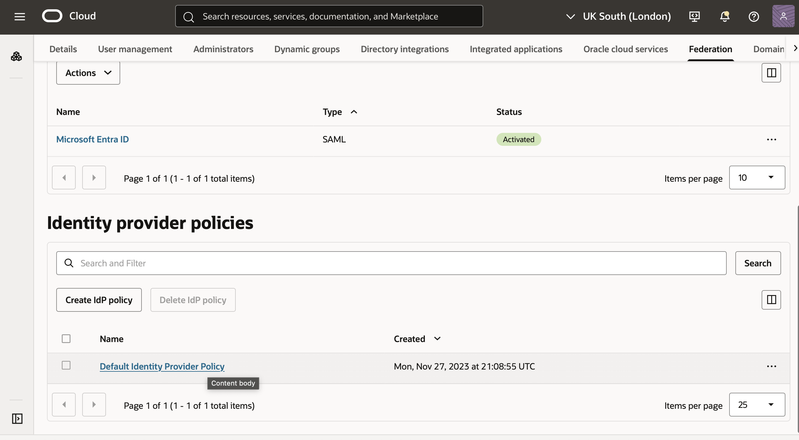 Click to expand An image of the OCI Console showing the Identity provider (IdP) policies page,
