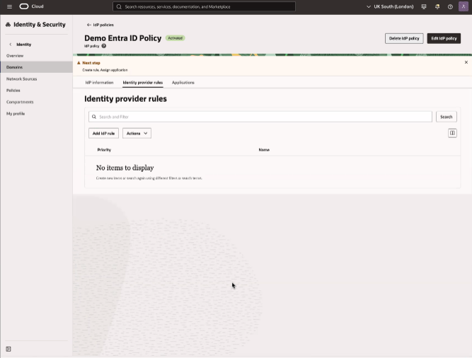Click to expand An image of the OCI Console showing the Default Identity Provider policy details page,