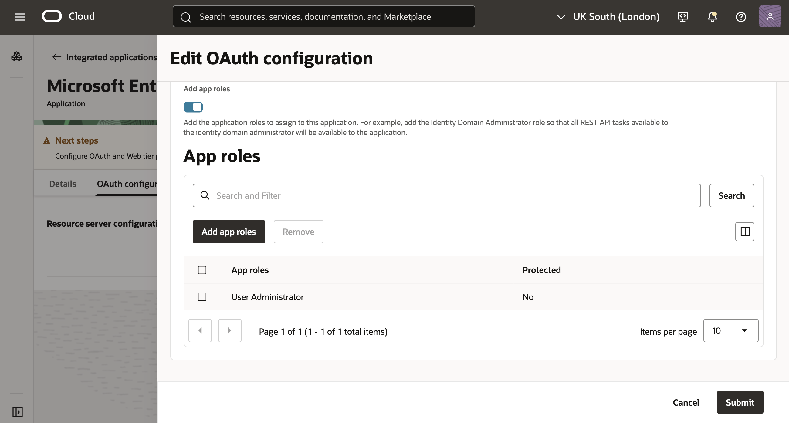 Click to expand An image of the OCI Console showing the Configure OAuth page of the Add Confidential Application workflow with the App roles "User Administrator" displayed.