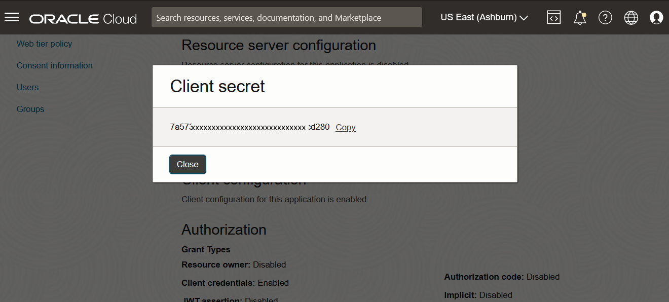 Click to expand An image of the OCI Console showing the Client secret dialog.