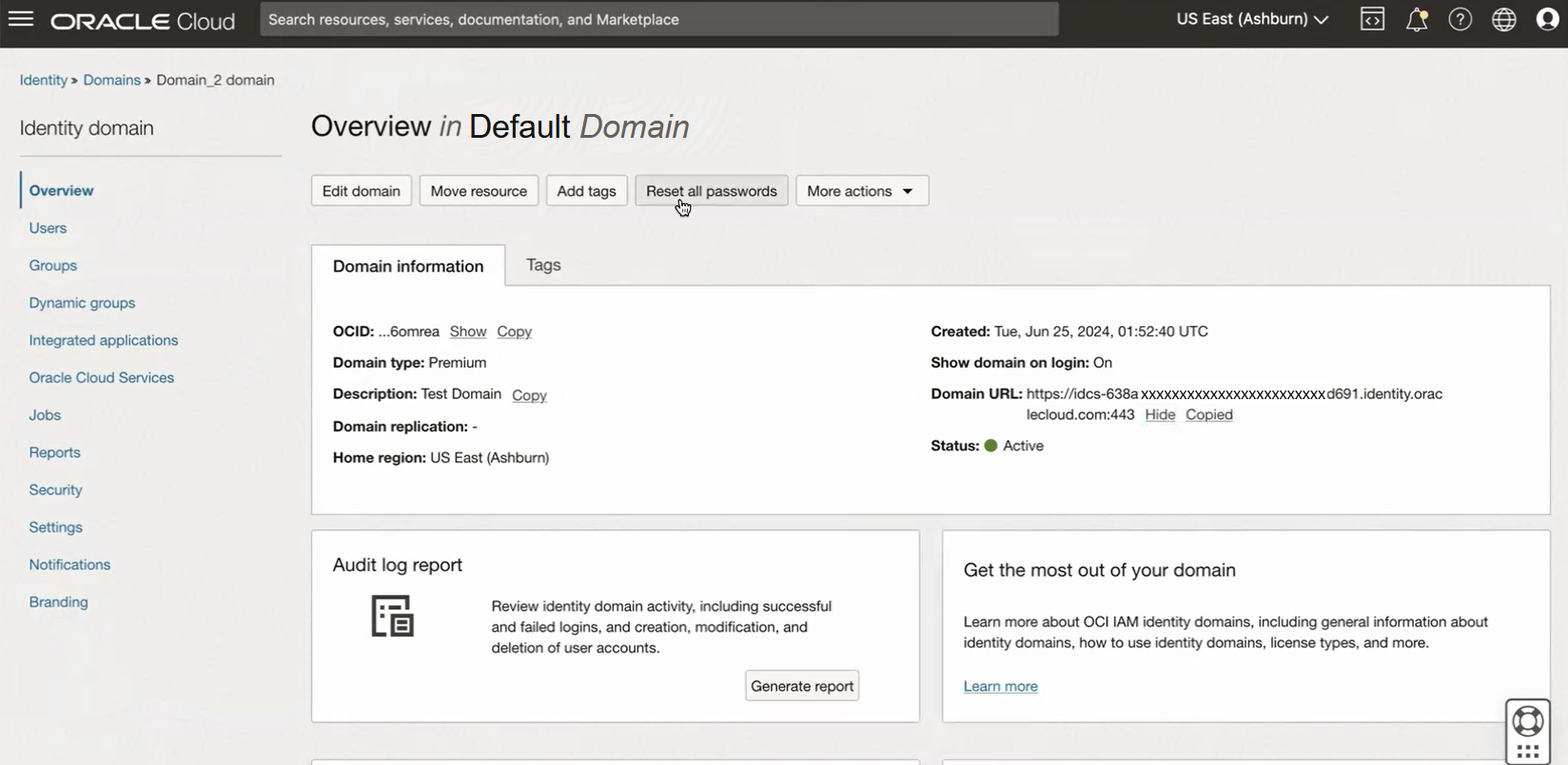 Click to expand An image of the OCI Console showing the details page for the "Default" domain.