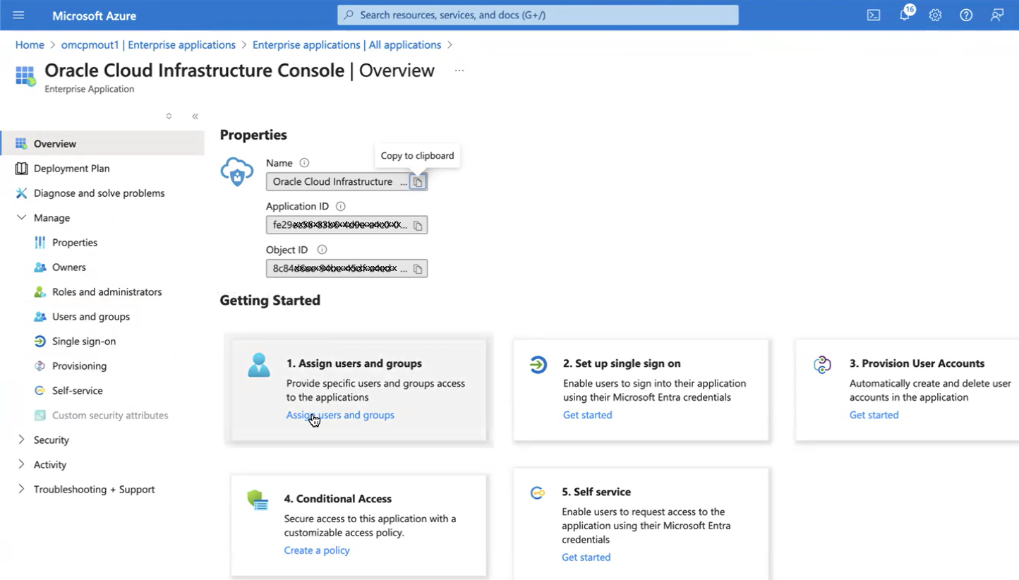 Click to expand An image of the Azure portal showing the Enterprise Application Overview page for the application created in steps 3 to 6.