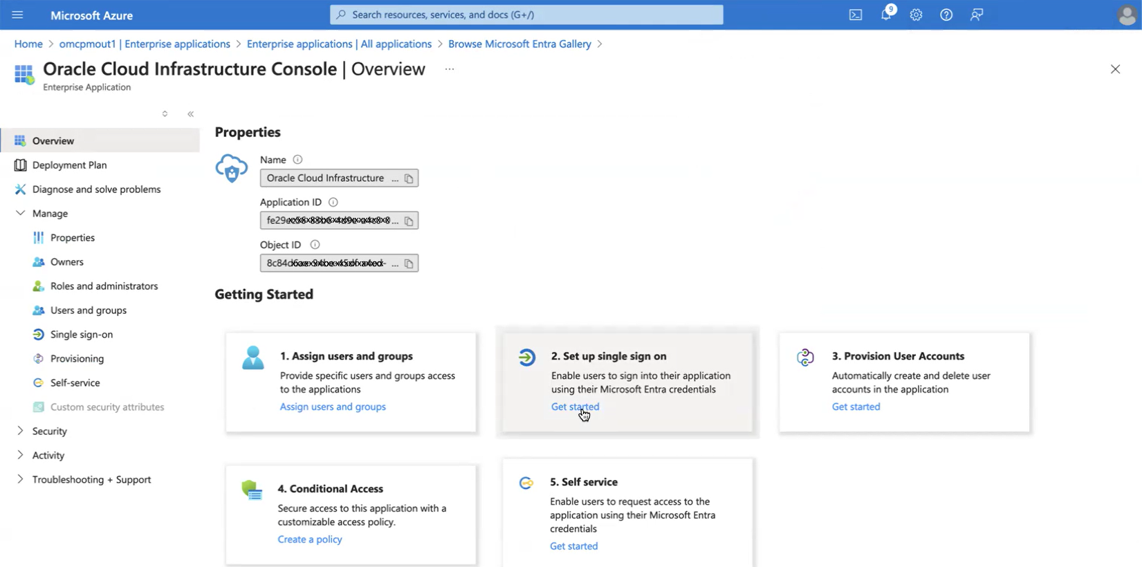 Click to expand An image of the Azure portal showing a user selecting "Set up single sign on" in the OCI Console enterprise application.