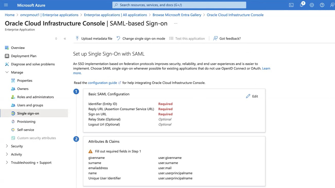 Click to expand An image of the Azure portal showing the SAML sign-on configuration page.