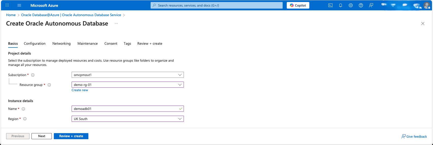 This screenshot shows the first part of creating an Autonomous AI Database.