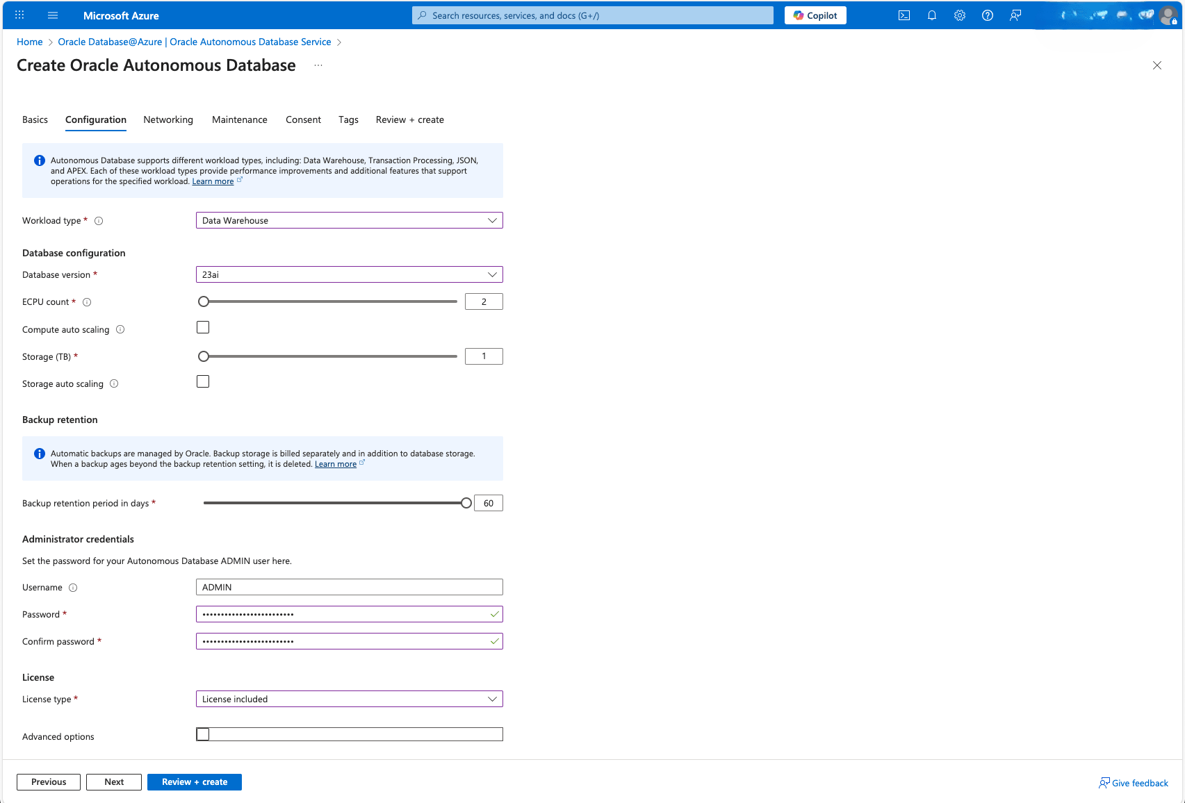 This screenshot shows the second part of creating an Autonomous AI Database.