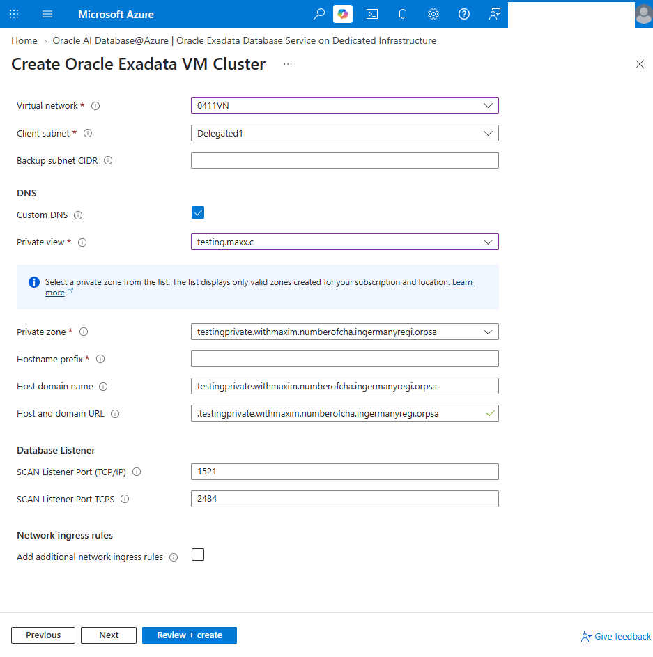 This screenshot shows the steps for creating an Exadata VM Cluster.
