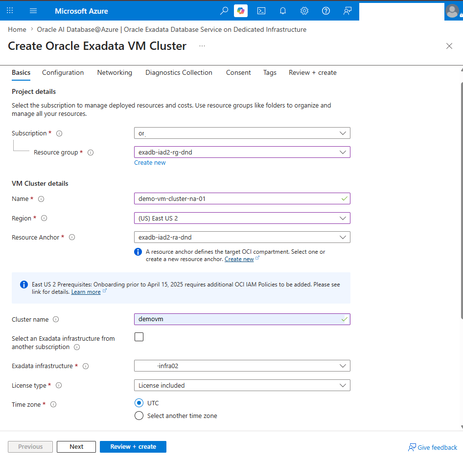 This screenshot shows the steps for creating an Exadata VM Cluster.