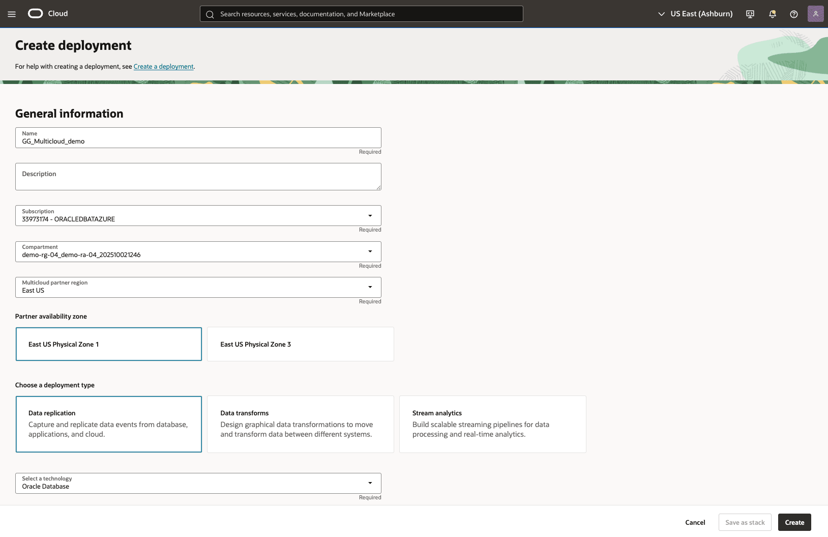 This screenshot shows how to create GoldenGate deployment.
