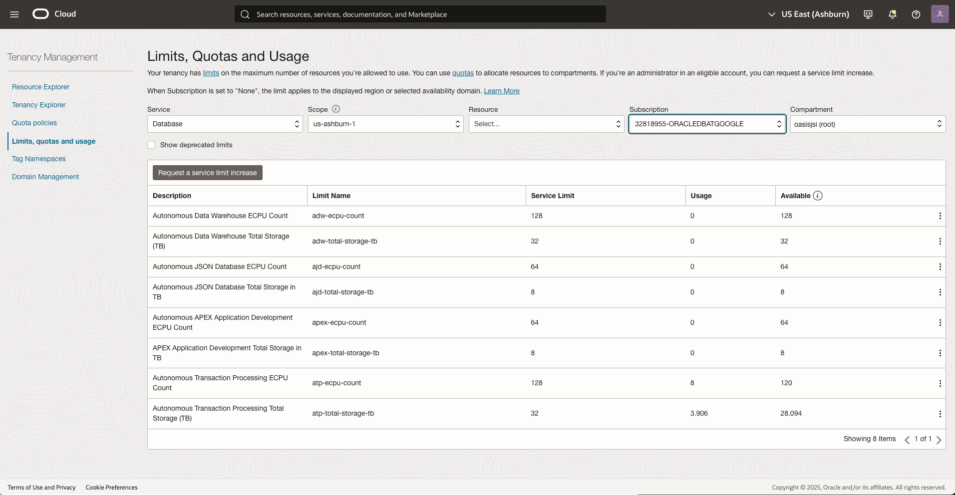 Click to expand Example of Limits, Quotas and Usage page with values selected.