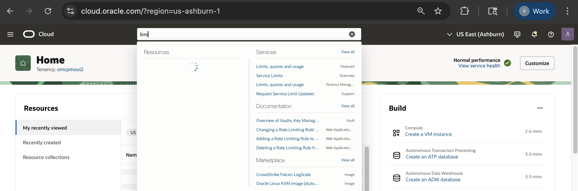 Click to expand Example of searching for "Limits, Quotas and Usage" in the Console.