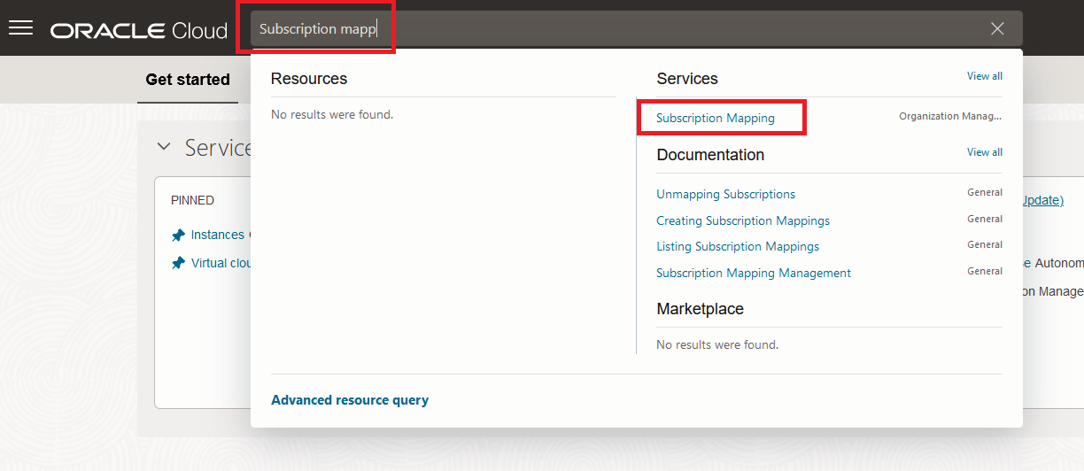 Click to expand Example of searching for "Subscription mapping" in the Console.