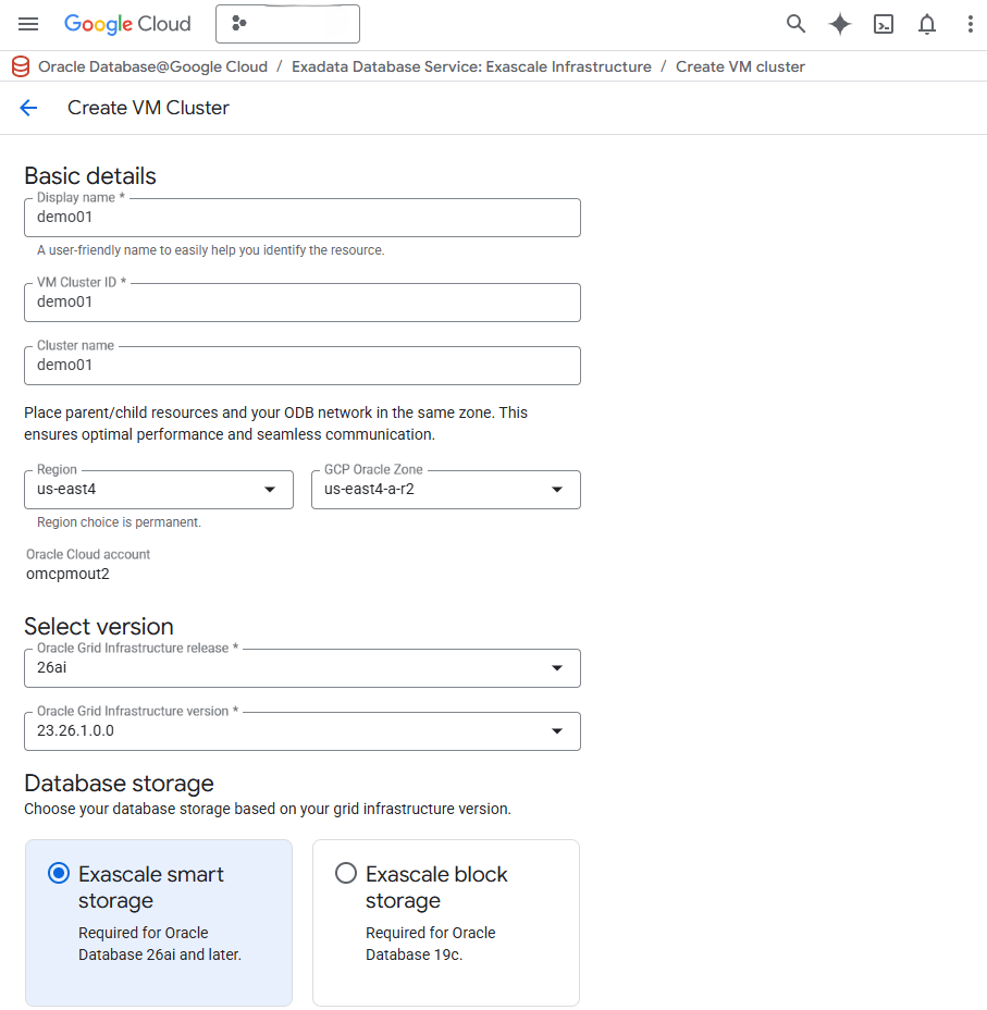 This screenshot shows how to create an Exascale VM Cluster.