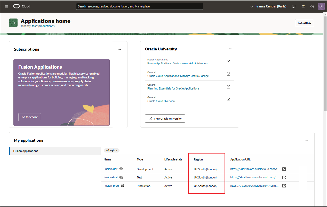 Screenshot showing the regions for Fusion Applications environments in the Oracle Cloud Console