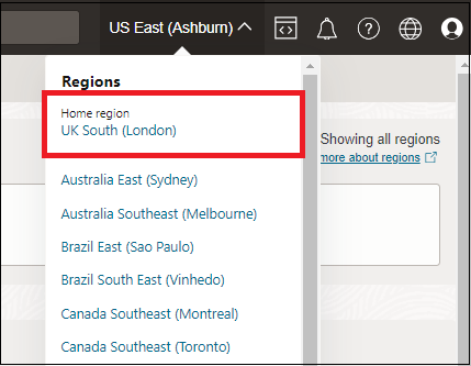 The home region displayed on the Console regions list