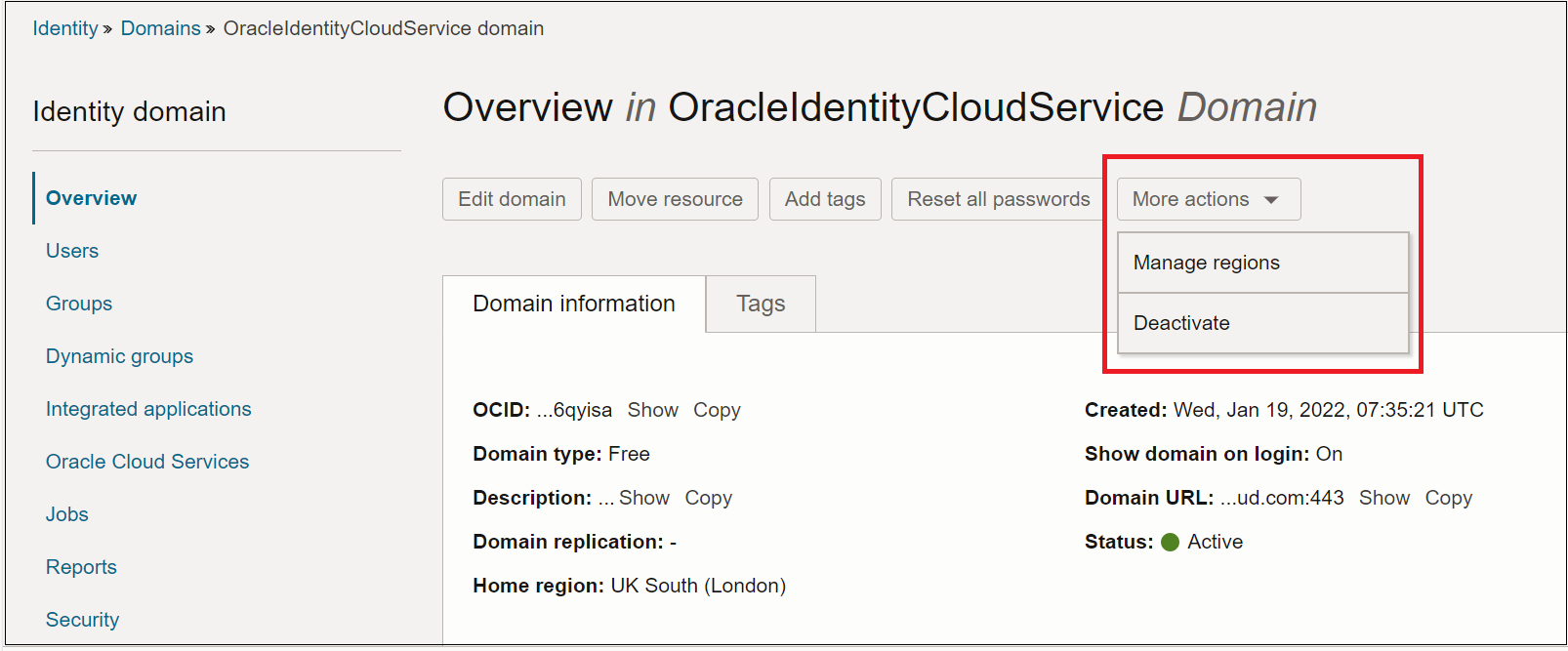 Domain overview page showing the Manage regions menu option