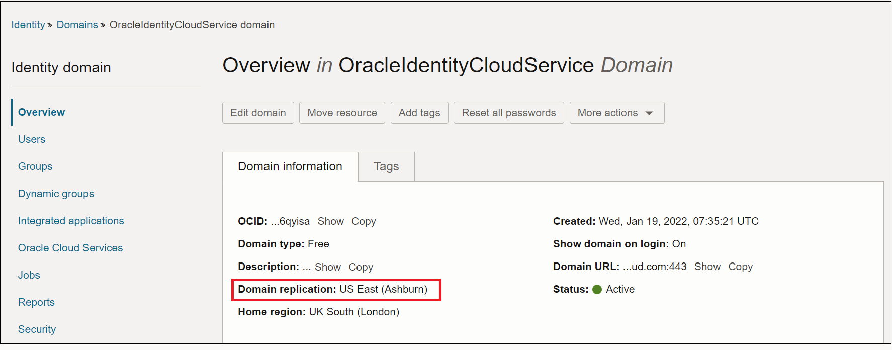 Domain Overview page highlighting the Domain replication field