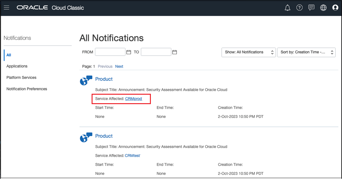 Screenshot showing the list of notifications