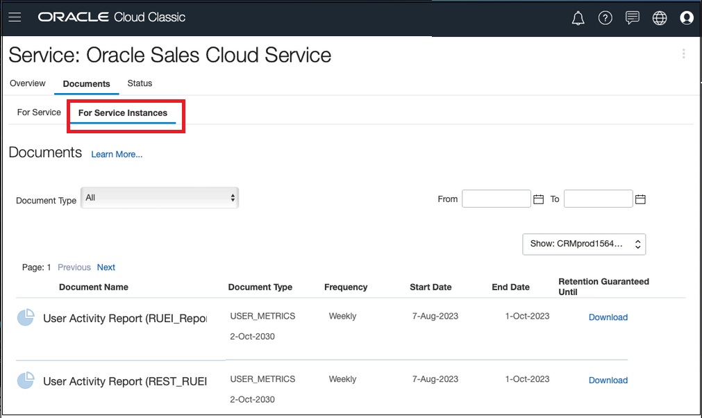 Screenshot showing the For Services Instances subtab and listed reports