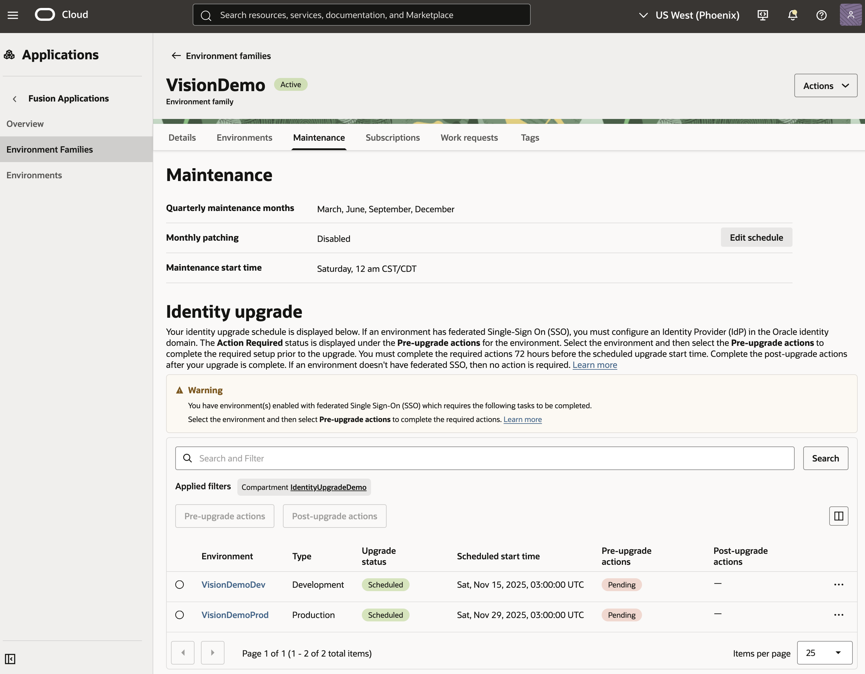 Identity upgrade schedule