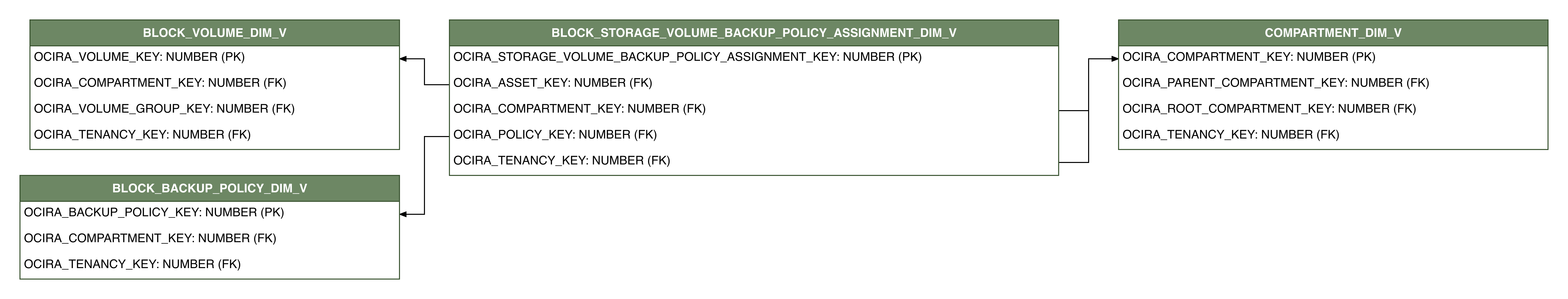 Relationship diagram showing the dimension table, BLOCK_STORAGE_VOLUME_BACKUP_POLICY_ASSIGNMENT_DIM_V.