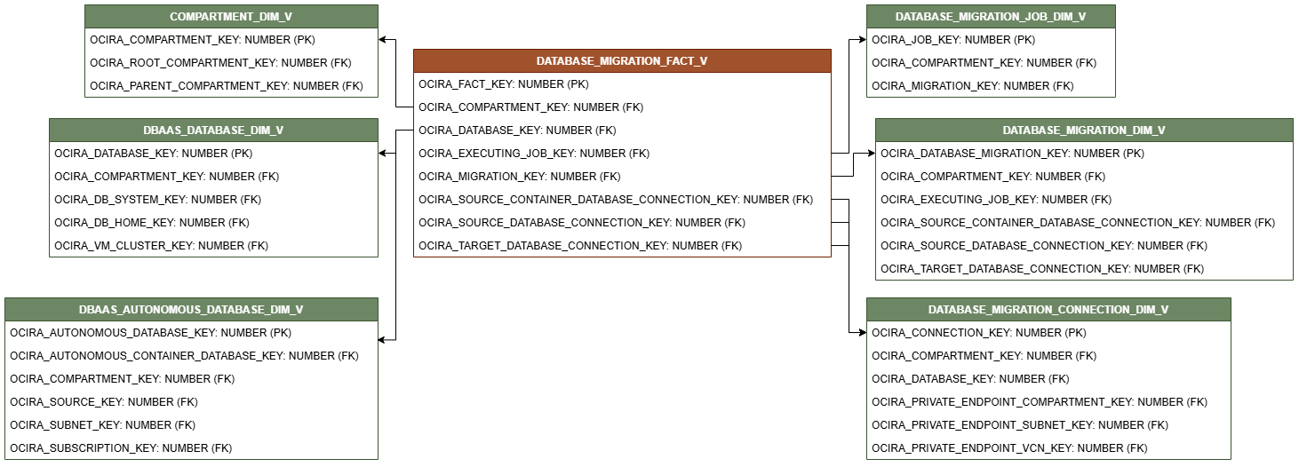 Relationship diagram showing the fact table, DATABASE_MIGRATION_FACT_V.