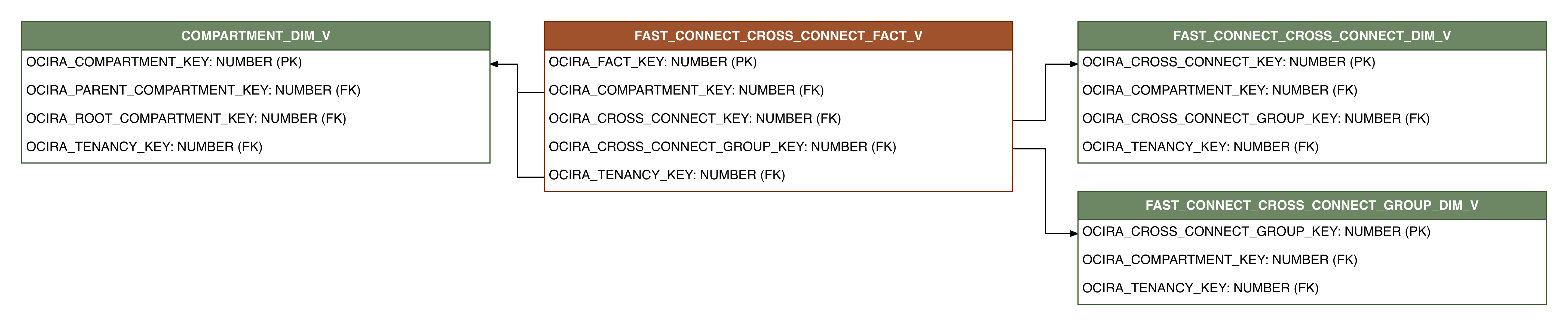 Relationship diagram showing the fact table, FAST_CONNECT_CROSS_CONNECT_FACT_V.