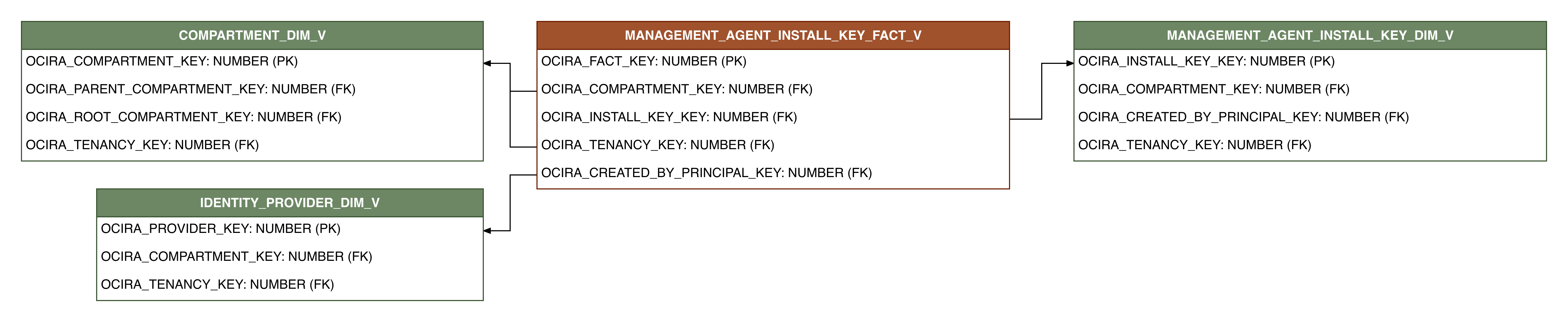 Relationship diagram showing the fact table, MANAGEMENT_AGENT_INSTALL_KEY_FACT_V.