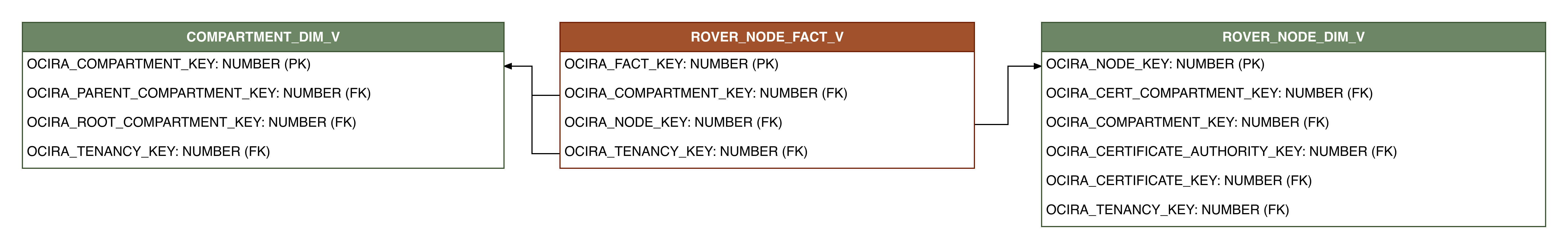 Relationship diagram showing the fact table, ROVER_NODE_FACT_V.