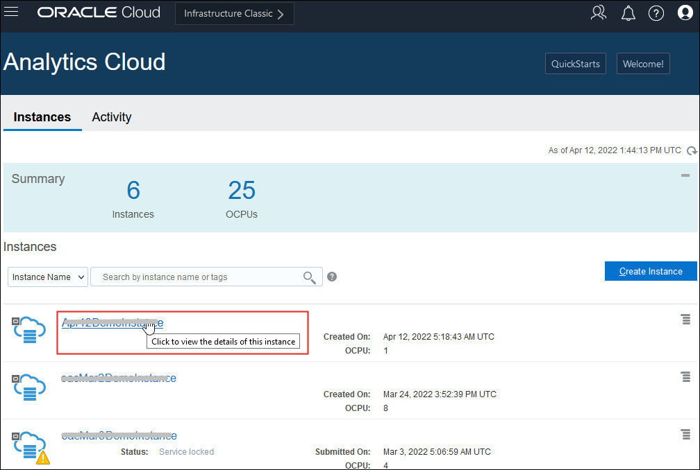 List of Oracle Analytics Cloud instances on Gen 1