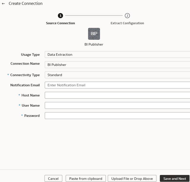 Source Connection for BI Publisher dialog Source Connection for BI Publisher dialog