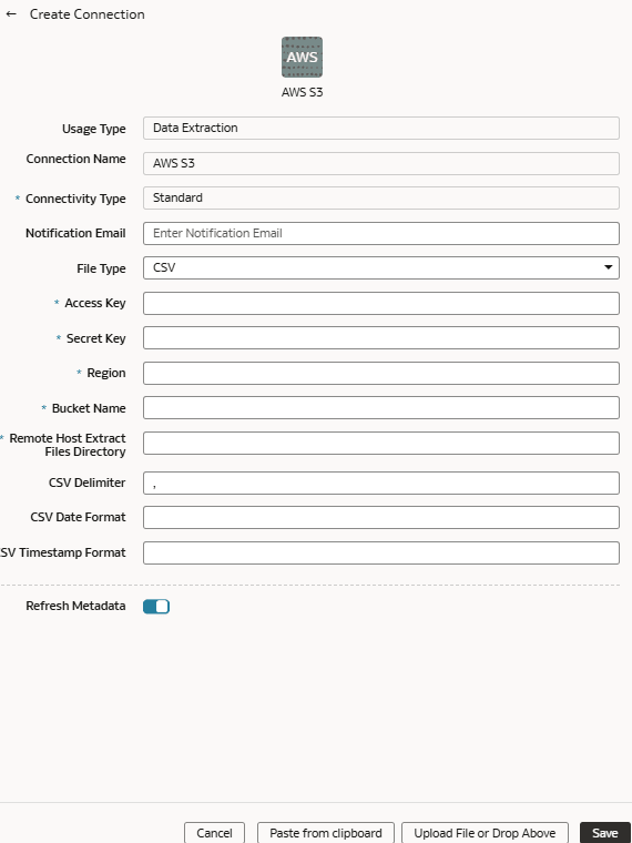 Create Connection for AWS S3 dialog