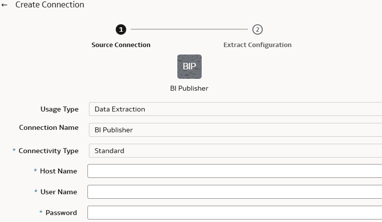 Source Connection tab in the Create Connection dialog for the BI Publisher connector Source Connection tab in the Create Connection dialog for the BI Publisher connector
