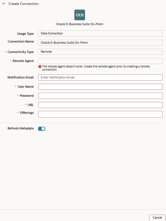 Create Connection for Oracle E-Business Suite On-Prem dialog
