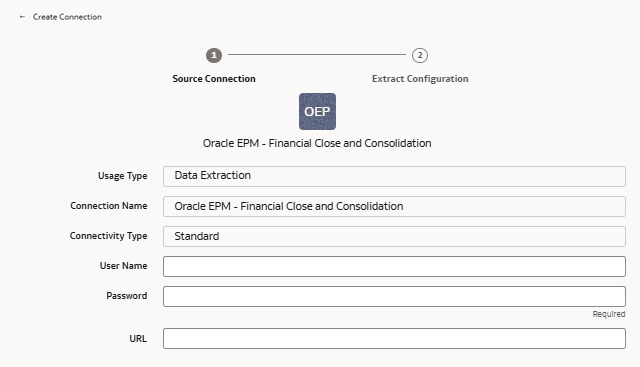Source Connection tab on the Create Connection dialog for Oracle EPM Source Connection tab on the Create Connection dialog for Oracle EPM