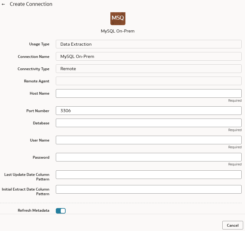Create Connection for MySQL On-Prem dialog Create Connection for MySQL On-Prem dialog