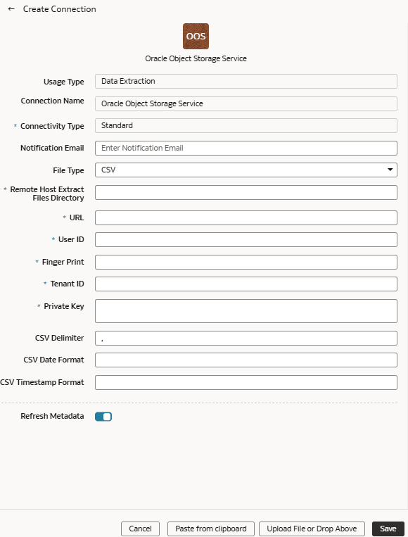 Create Connection for Oracle Object Storage Service dialog