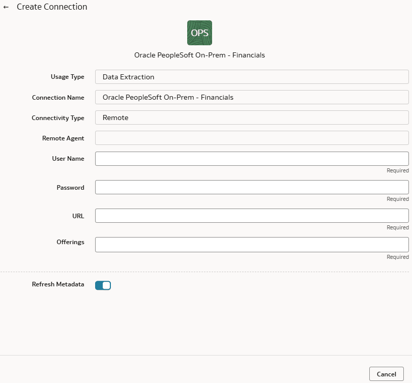 Create Connection for Oracle PeopleSoft On-Prem - Financials dialog Create Connection for Oracle PeopleSoft On-Prem - Financials dialog