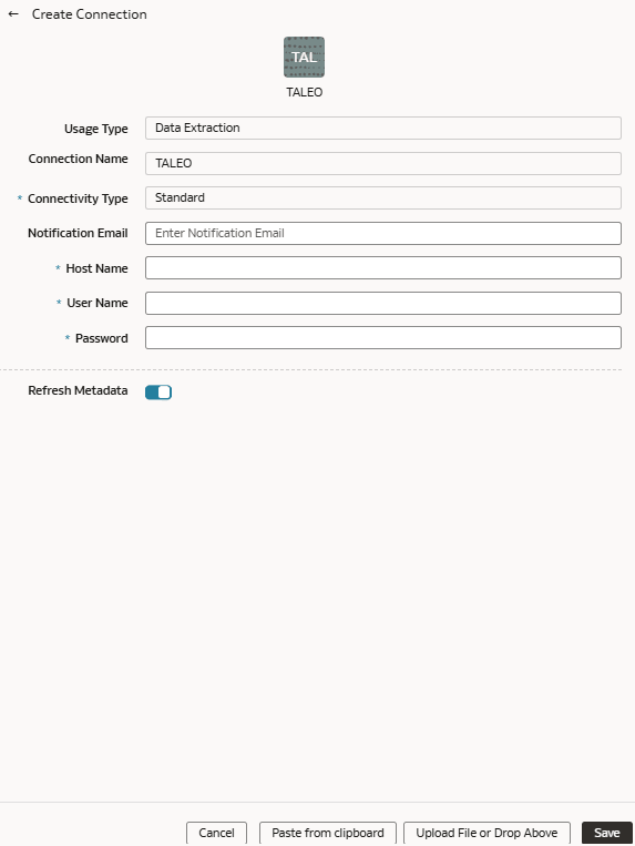 Create Taleo Connection dialog