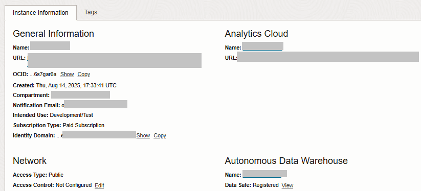 Instance details page displaying Registered for Data Safe under Autonomous Data Warehouse
