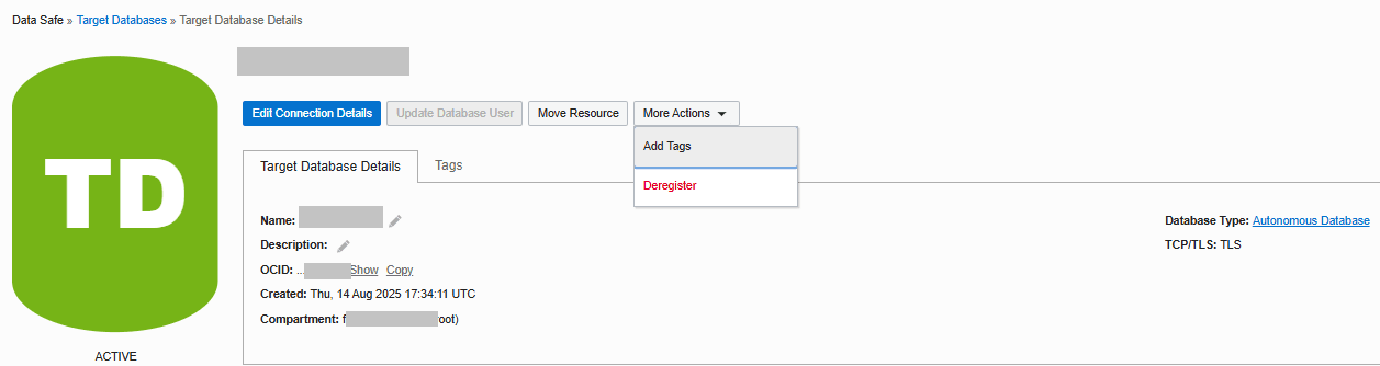 Data Safe details page displaying the Deregister option