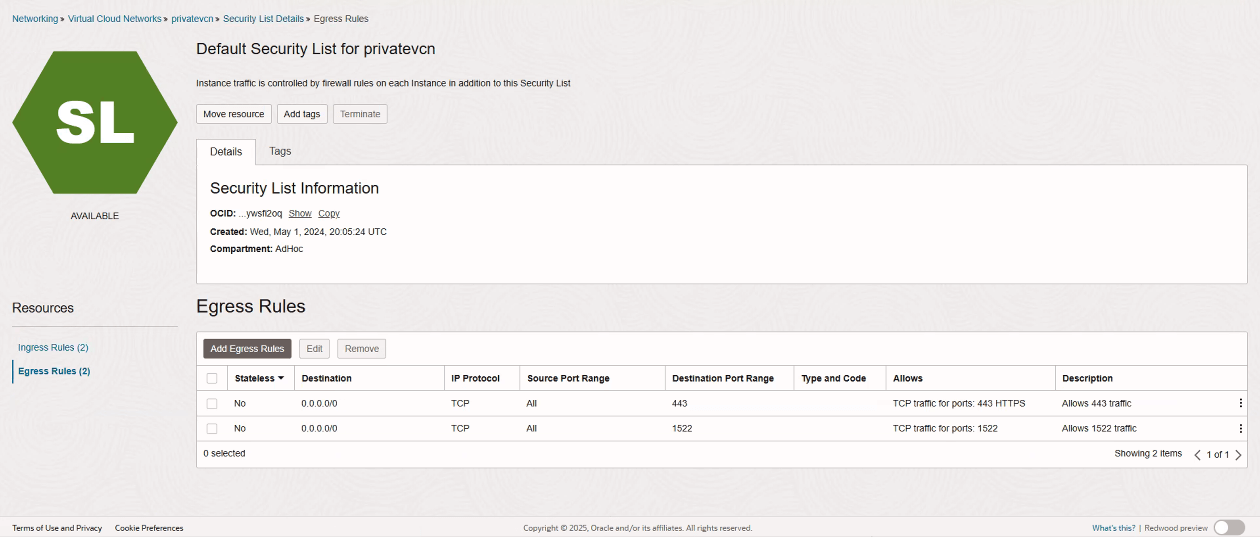 Sample egress rules to ports 443 and 1522