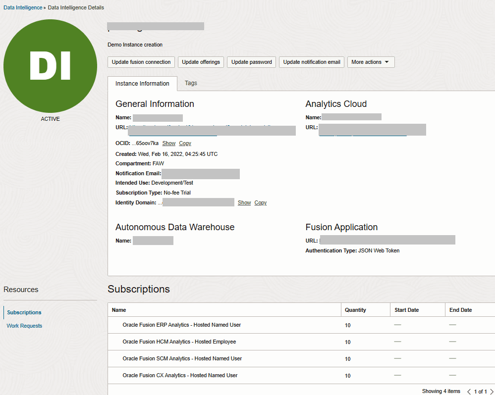 Oracle Fusion Data Intelligence public instance