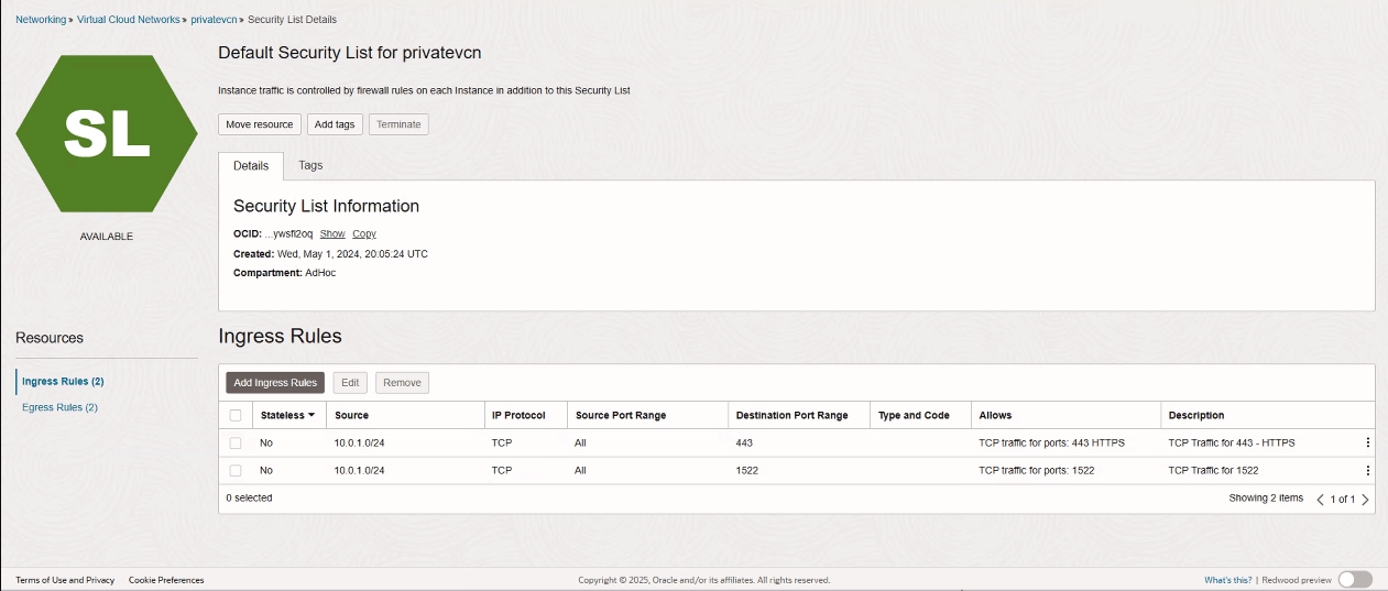 Sample ingress rules to ports 443 and 1522