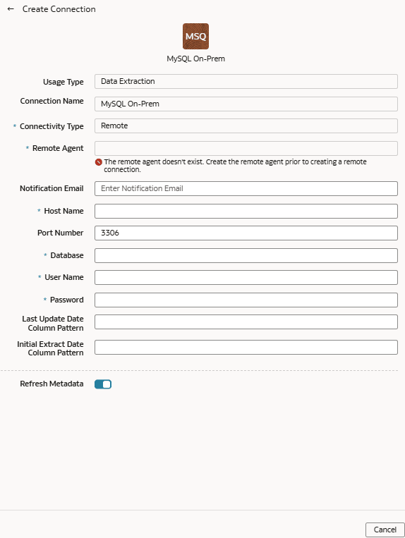 Create Connection for MySQL On-Prem dialog