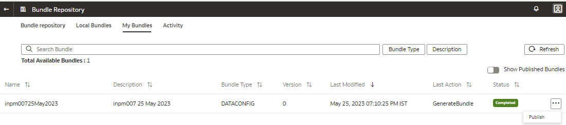Publish option on the Bundle Repository page Publish option on the Bundle Repository page