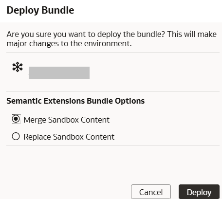 Deploy Bundle dialog displaying options to merge or replace the sandbox content