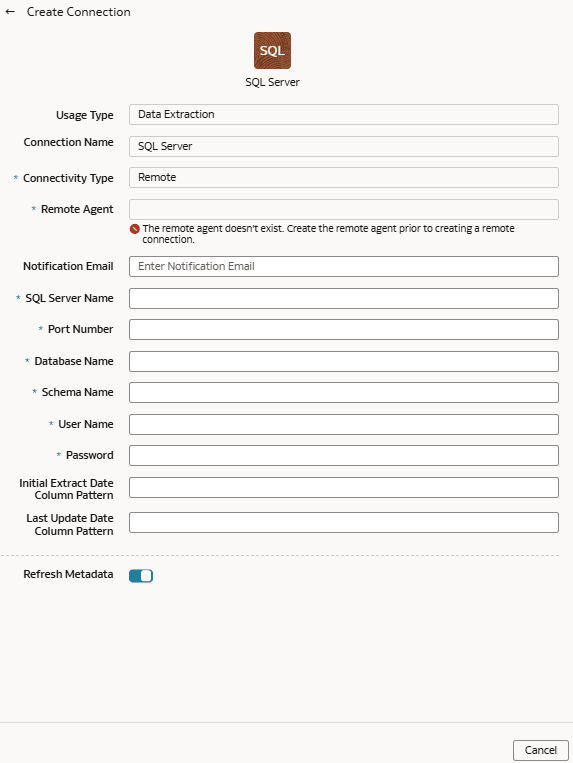 Create Connection for SQL Server dialog