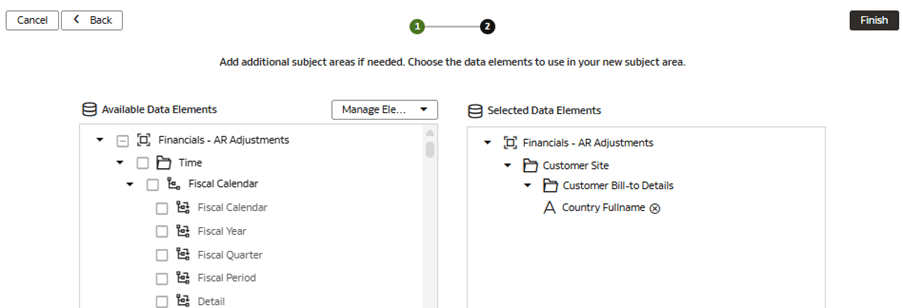 The Modify a Subject Area – Financials – AR Adjustments page displaying the additions